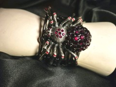 Vintage Spider Statement Ruby Red Rhinestones Silver Adjustable Cuff Bracelet
