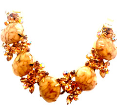 Juliana Vintage Bracelet Five LInk, Honey Malachite Glass Stones, Rhinestones