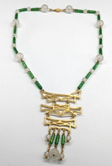 Vintage Chunky Huge Textured Gold Tone Pendant Faux Jade Asian Beaded Necklace