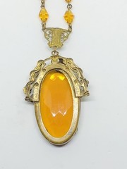ANTIQUE ART DECO/NOUVEAU CZECH CITRINE GLASS PENDANT W/CRYSTAL CHAIN-ENAMELED