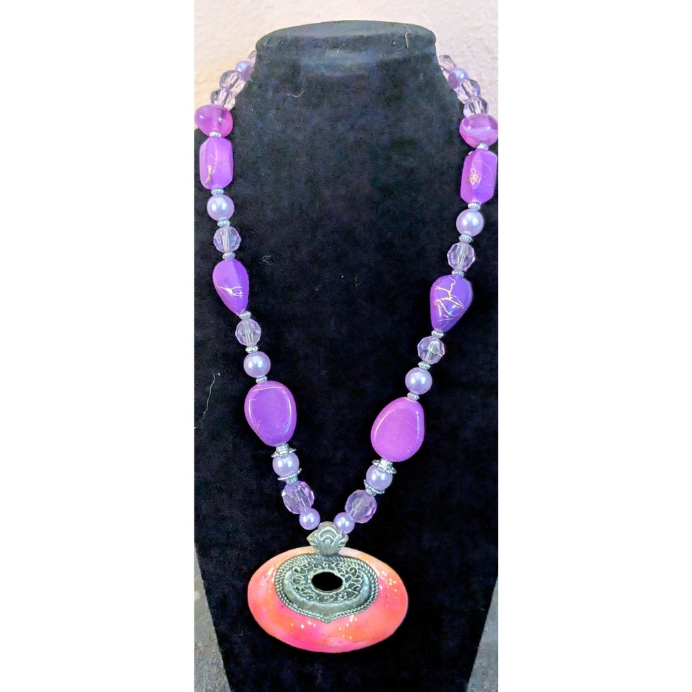 Chunky Purple Beaded Statement Necklace Coral Pink Resin Pendant Boho Chic 19″