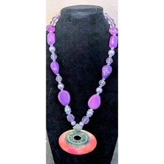 Chunky Purple Beaded Statement Necklace Coral Pink Resin Pendant Boho Chic 19″