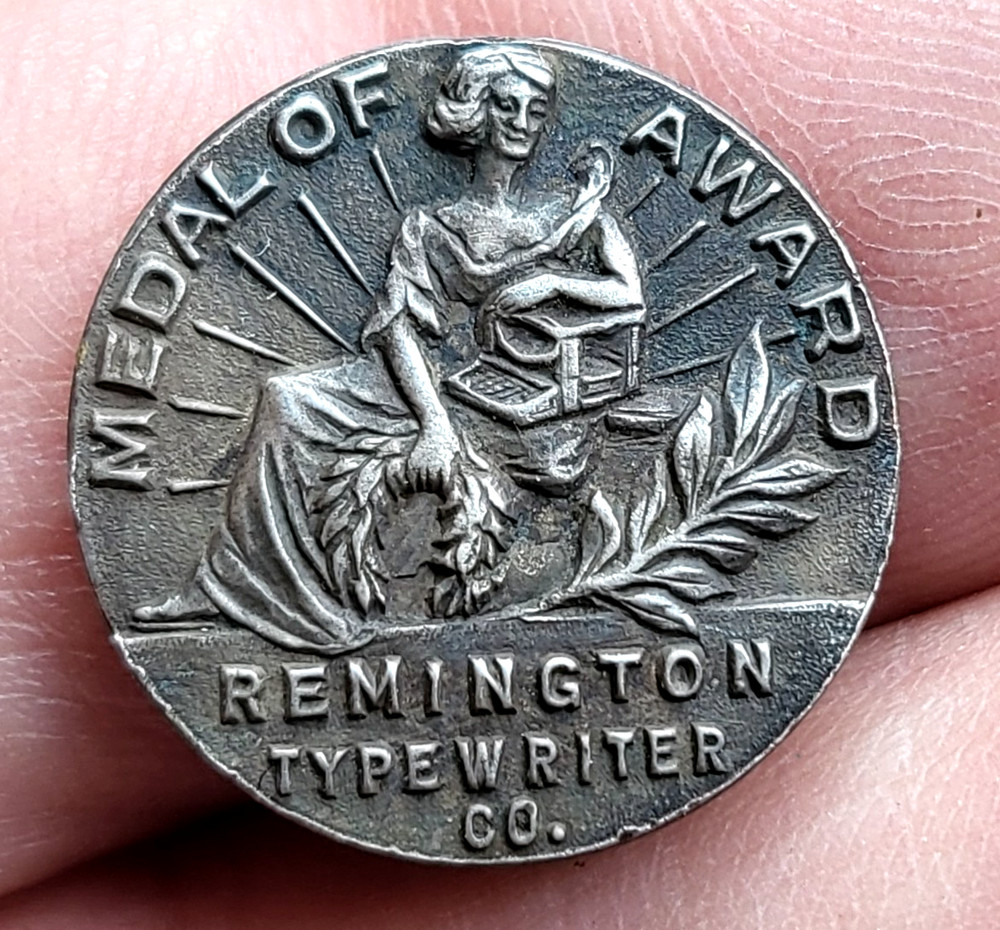 Antique c1900 Sterling Silver Remington Typewriter Co. Medal Of Award, Lapel Pin