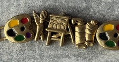 Slide Charm Bracelet Gold Tone Artist Painter Theme Paint Palette Easel Brushes