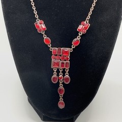 Art Deco Inspired Necklace Bronze Tone Red Lucite Dangles Adjustable 16″ – 19″