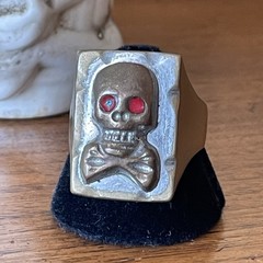 Vintage 1950s Mexican Biker Ring in Brass with Skull & Bones Cool Design Size 12