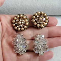 Vintage Clip On Earrings AB Rhinestone Pearl Sarah Cov Unsigned 6 Pair
