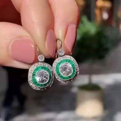 14K White Gold Finish At Deco Style Lab Created Diamond & Emerald Drop Earring