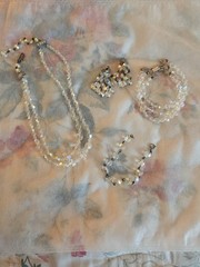 Vintage Faceted Crystal Aurora Borealis Necklace, Clip Earrings, Bracelets