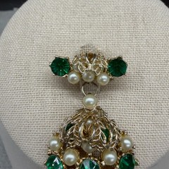 Vintage Brooch Pendant Imitation Pearl Green Rhinestones 2.5 Inches