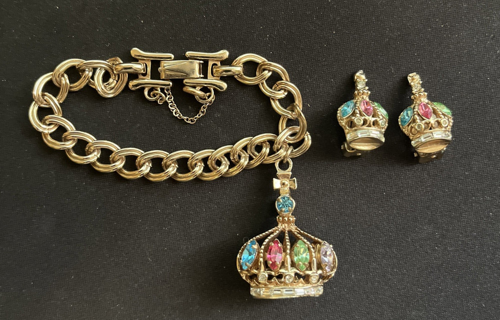Rare Barclay Rhinestone Charm Bracelet Earrings Crown King Queen Costume Jewelry