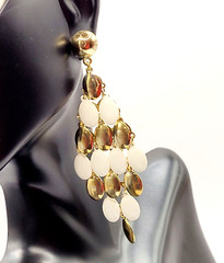 White & Gold Tone Metal Chandelier Cascade Dangle Vintage Earrings Ballroom