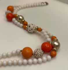 Vintage Double Strand Orange, White & Gold Beaded Necklace 17.5” Long
