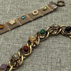 Lot of 2 Vintage Victorian Revival 8 Panel & Mesh Charm Bracelet Estate Jewelry