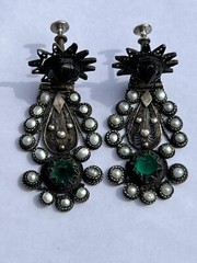 ANTIQUE ARMENIAN BYZANTINE REVIVAL OTTOMAN PEARL COIN SILVER JEWELED EARRINGS