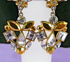 NICE Vintage Signed TONA Crystal Dangle Earrings Icy Clear & Golden Rhinestones