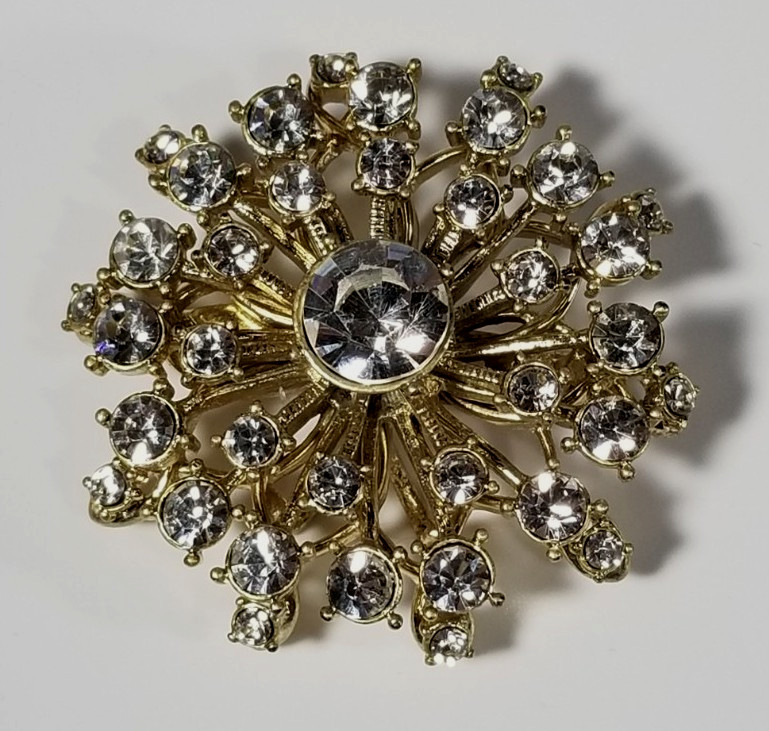rhinestone brooch pin pendant clear starburst mid century atomic vintage jewelry