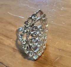 Vintage Style Ornate Cocktail Ring – Crystal Embellished – Size 7