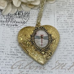Gold Heart Locket Glass Birthday Anniversary Wedding Dragonfly Cameo Necklace