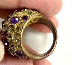 Vintage Gold Tone Rhinestone Dome Ring Purple Green Cocktail Statement Size8