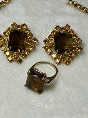 Vtg 1950s Topaz Rhinestone Choker Necklace Earring Ring Parure Set Unsigned D&E