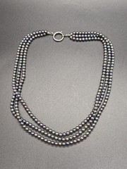 Vtg 3 Strand Purple Dark Grey Opalescent Pearl Necklace Sterling Silver Clasp 24