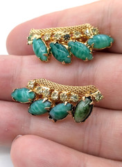 Vintage HOBE Brooch Earrings Set Green Art Glass Gold Mesh Rhinestone