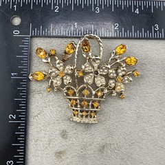 Vintage Rhinestone Brooch Flower Basket Orange Gold Tone READ
