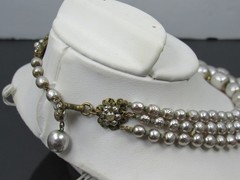 Vintage Miriam Haskell Silver Baroque Glass Pearl 3 Strand Necklace Signed