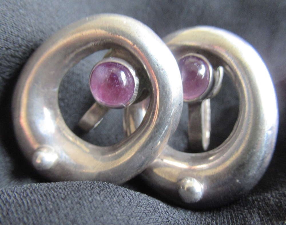 VINTAGE MEXICO STERLING SCREWBACK EARRINGS w AMETHYST, 24MM (JUST SHY of 1 INCH)