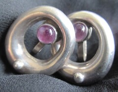 VINTAGE MEXICO STERLING SCREWBACK EARRINGS w AMETHYST, 24MM (JUST SHY of 1 INCH)