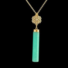 Aqua Quartz Gemstone Pendant Gold Tone Filigree Long Necklace Signed Nice 26 in