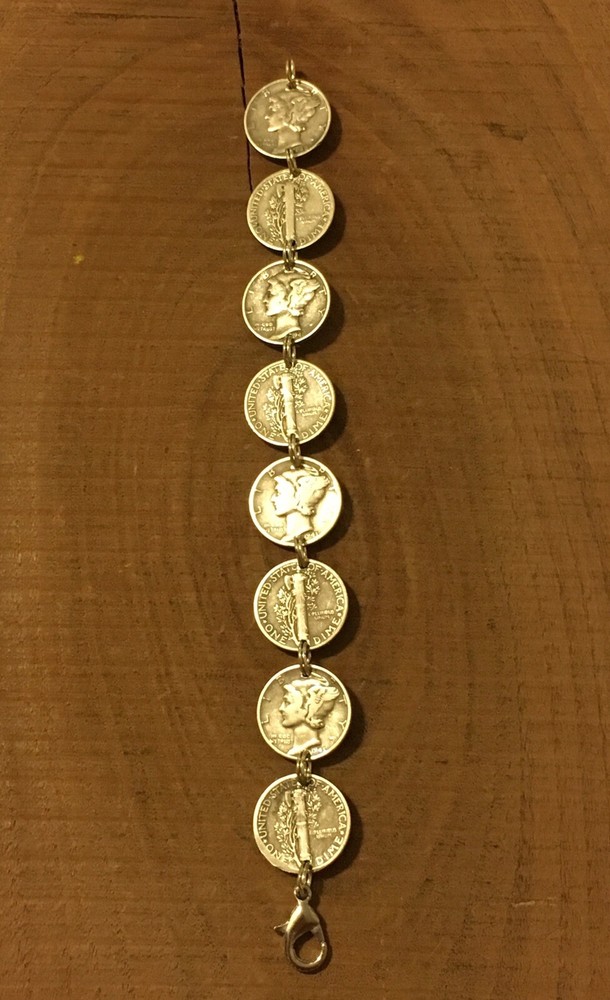 MERCURY DIME Coin Jewelry BRACELET 7.5″ 90% Silver With .925 Links! Obv/Rev