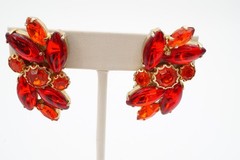 Vintage Clip On Earrings Gold Tone Red Orange Rhinestone