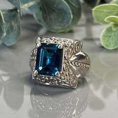 London Blue Topaz Sterling Silver Statement Ring-Emerald Cut Gemstone- Size 6.25