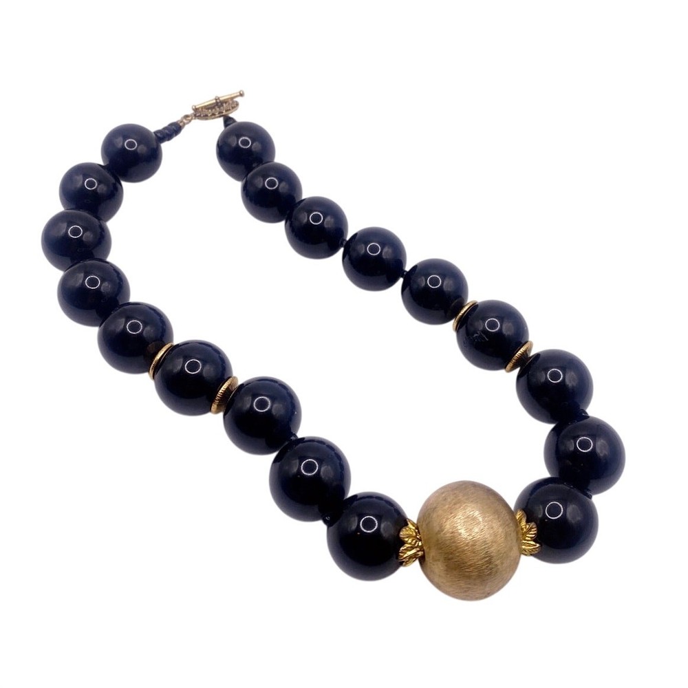 Vintage Black Onyx And Venetian Metal Golden Spheres Chunky Necklace 14”