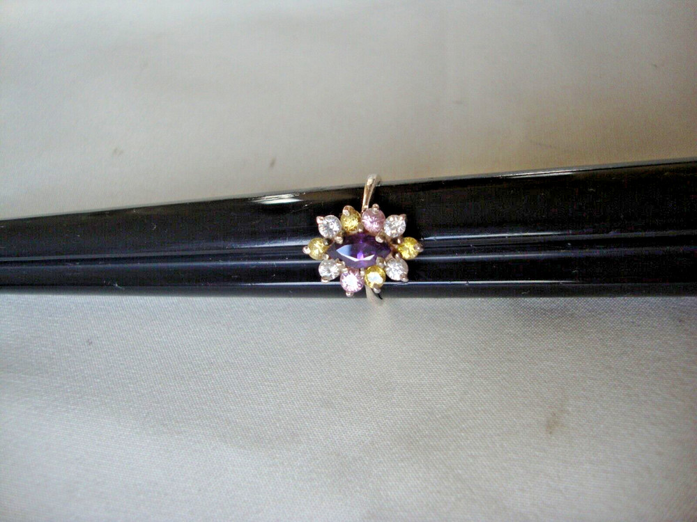 VINTAGE FLORAL PRONG SET AMETHYST PINK YELLOW CLEAR TOPAZ RING SILVER 925 SZ 6.5