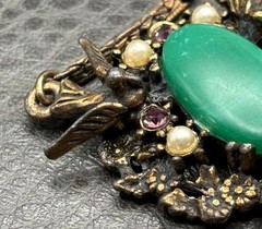 Vintage Victorian Revival Birds Green Cab Faux Pearl Rhinestone Pendant Necklace