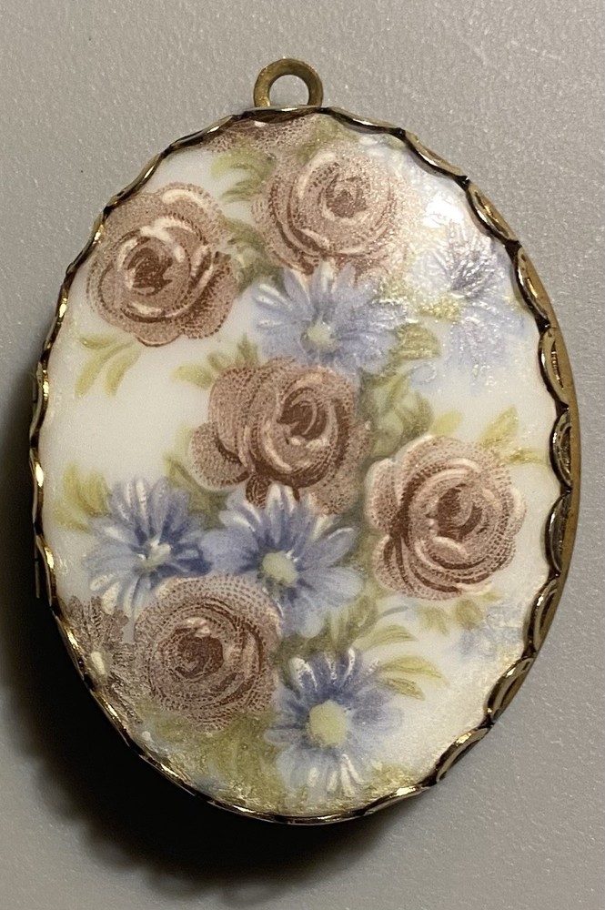 Vintage Hand Painted Floral Porcelain Brass Double Sided Locket Pendant