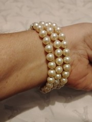 Vintage Three Strand Faux Pearl Bracelet Ornate Crystal Accented Box Clasp