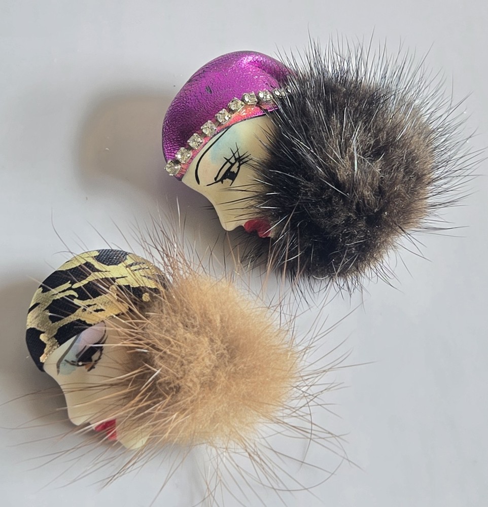 2 Lot Vintage Real Fur Mink Pin Brooch Lady Face Profile HAN SHIN (1) marked
