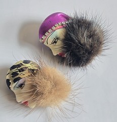 2 Lot Vintage Real Fur Mink Pin Brooch Lady Face Profile HAN SHIN (1) marked