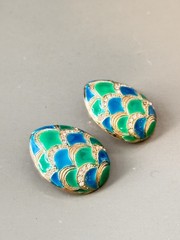 Vintage MARVELLA Blue & Green Enamel Bracelet, Brooch & Earring Set!