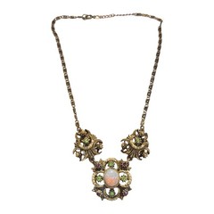 Victorian Revival Faux Fire Opal Pearl Necklace Antique Style Gold Tone Statemen