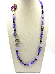 Purple Glass And Silver Metal Charms Art Deco Beaded Necklace 24 Inch