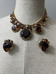 VTG D&E Juliana Root Beer Glass & Topaz Rhinestone Runway Necklace & Earrings