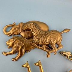 Vintage Animal Brooch Pin Lot Gold Tone Elephant Giraffe Lion Zebra Noahs Ark