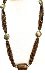 VTG Brown Necklace Multi Strand Seed Beads Large Bronze Wood Wooden Bead 31 in