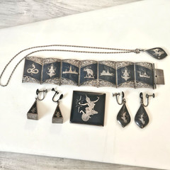 Siam Sterling Silver Niello Dancer Jewelry Set Brace/ Neck/Earrings 104 Grams