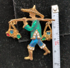 Vintage Articulated Asian Flower Carrier Brooch Gold Tone Flower Basket